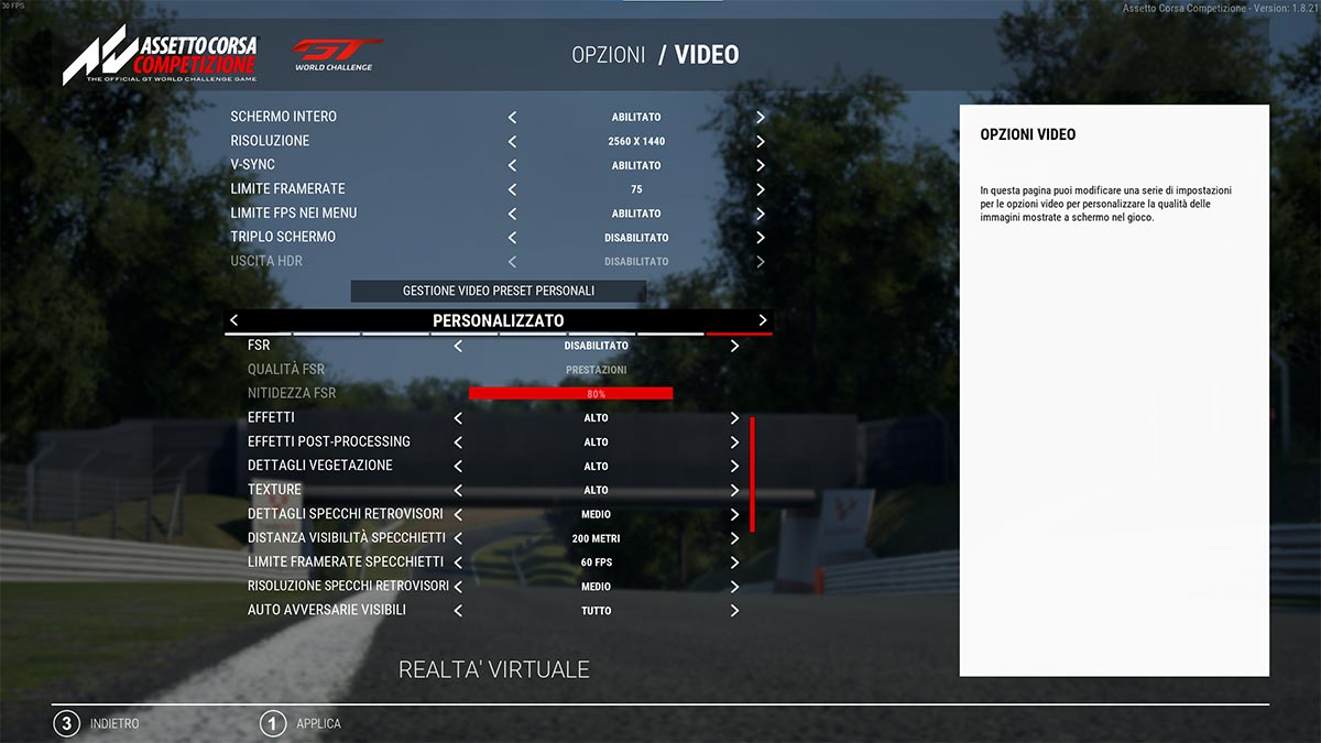 Specchietti Impostazioni grafiche Assetto Corsa Competizione Test